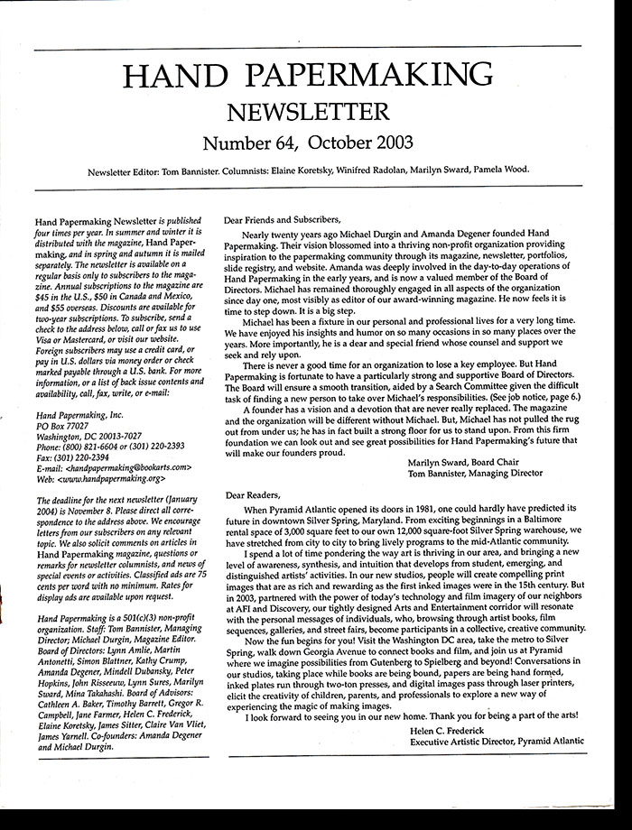Image for Hand Papermaking Newsletter (Number 64, October 2003)
