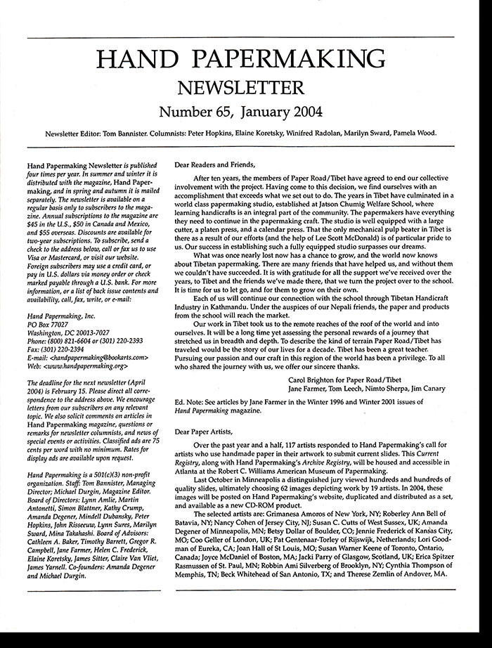 Image for Hand Papermaking Newsletter (Number 65, January 2004)