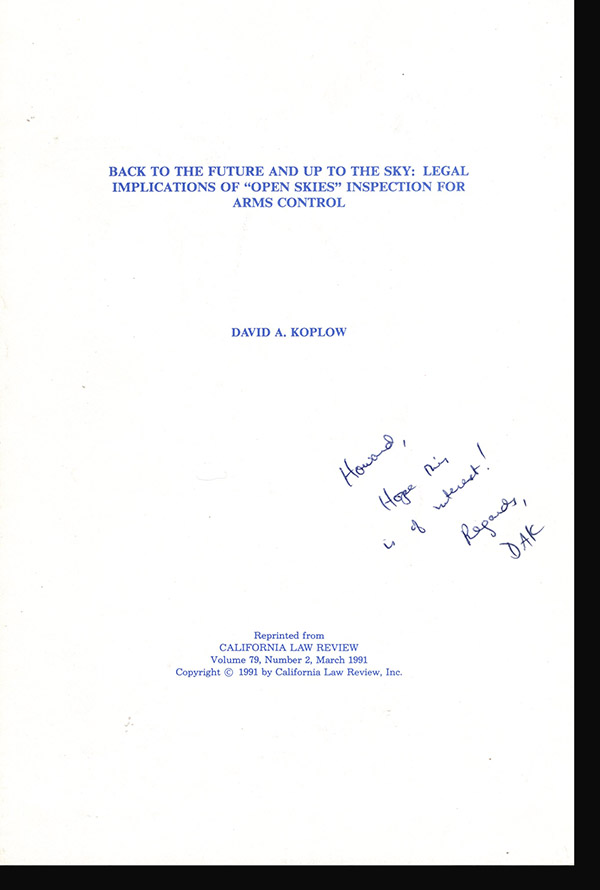 Image for Back to the Future and Up to the Sky: Legal Implications of "Open Skies" Inspection for Arms Control