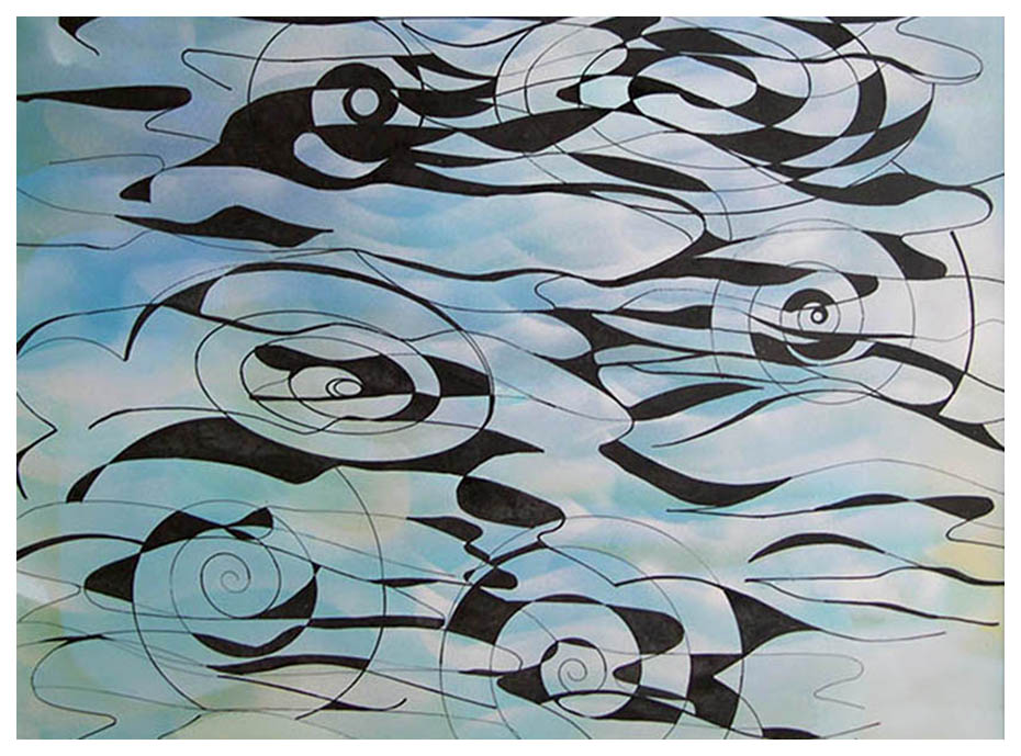 Reflections on Water No. 2 (ink and shades of blue acrylic painting by Amy Ione)