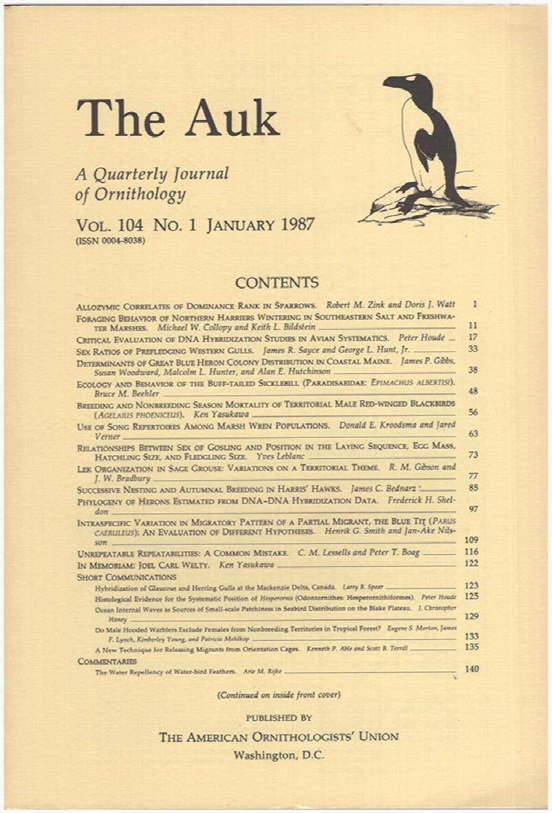 Image for The Auk (Vol. 104, No 1, January 1987)