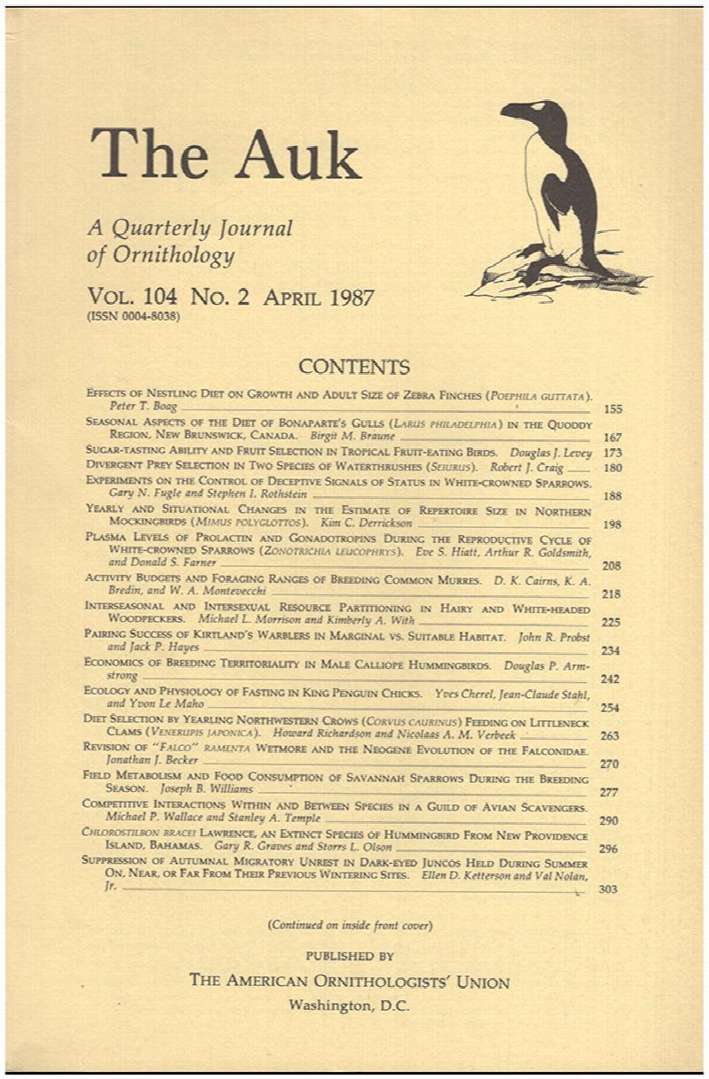 Image for The Auk (Vol. 104, No 2, April 1987)