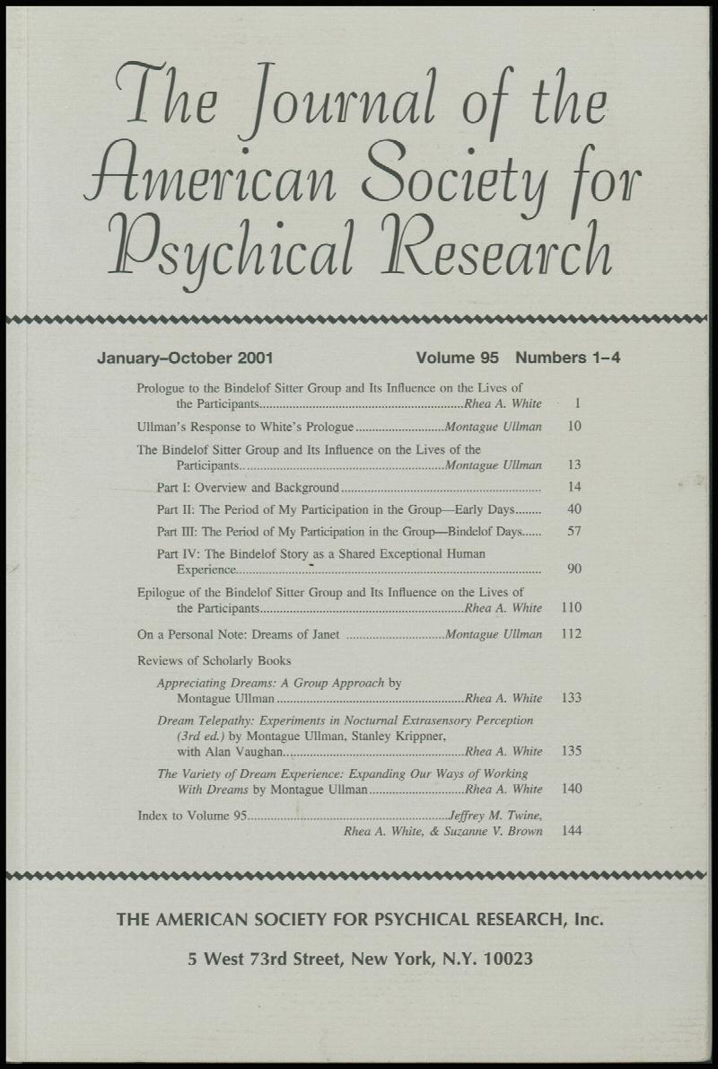 Image for American Society of Psychical Research: Bindeloff Sitter Group (Jan-Oct 2001, Vol 95, No. 1-4)