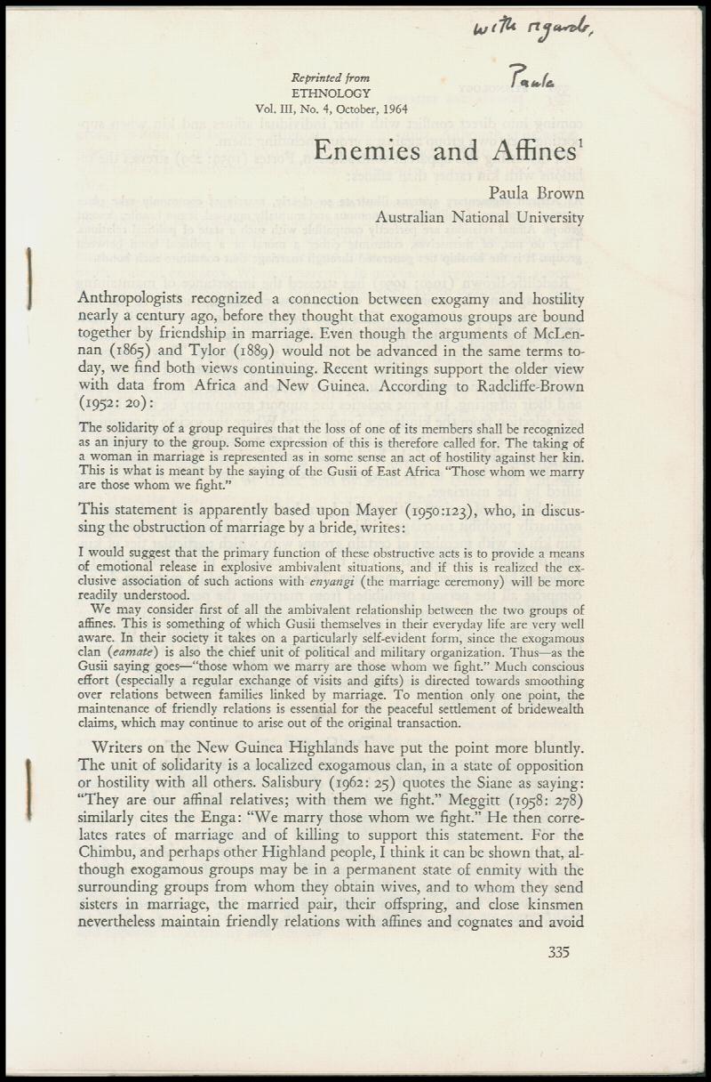 Image for Offprint: Enemies and Affines (Ethnology, Vol III, No 4, October 1964)