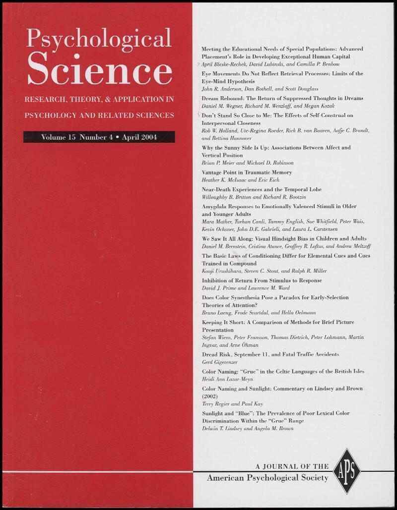 Image for Psychological Science (Volume 15, Number 4, April 2004)