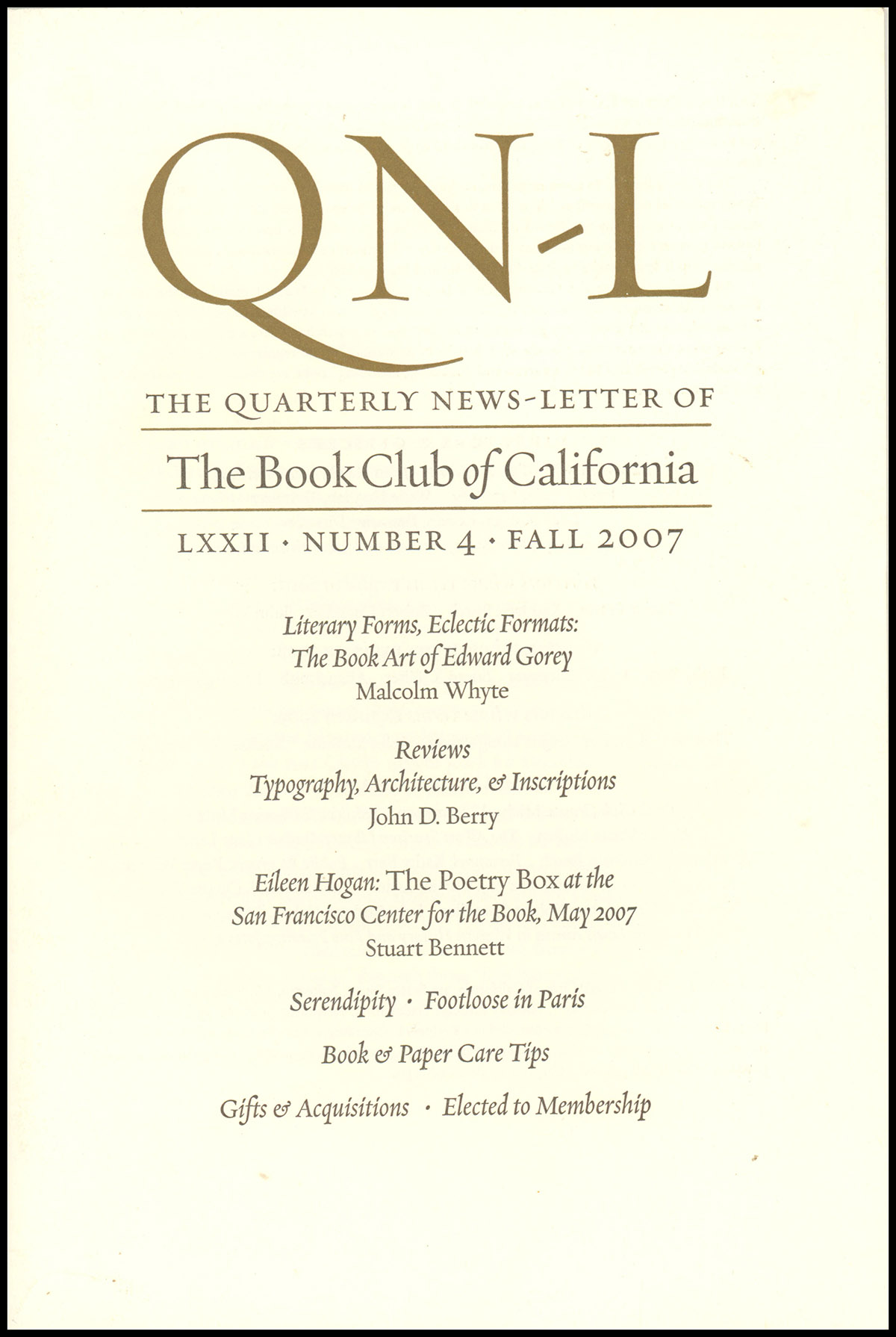 The Book Club of California: (LXXII, Number 4, Fall 2007)