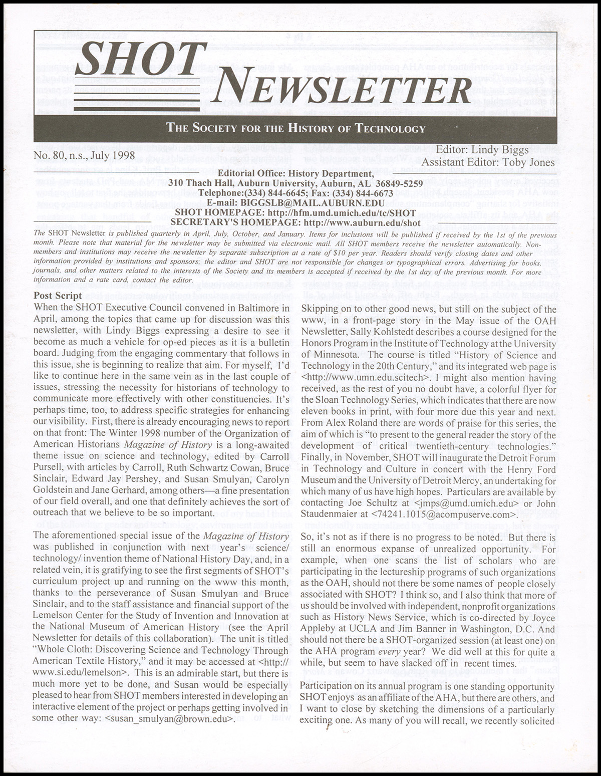 Newsletter: Society for the History of Technology (SHOT): (No. 80, July 1998)