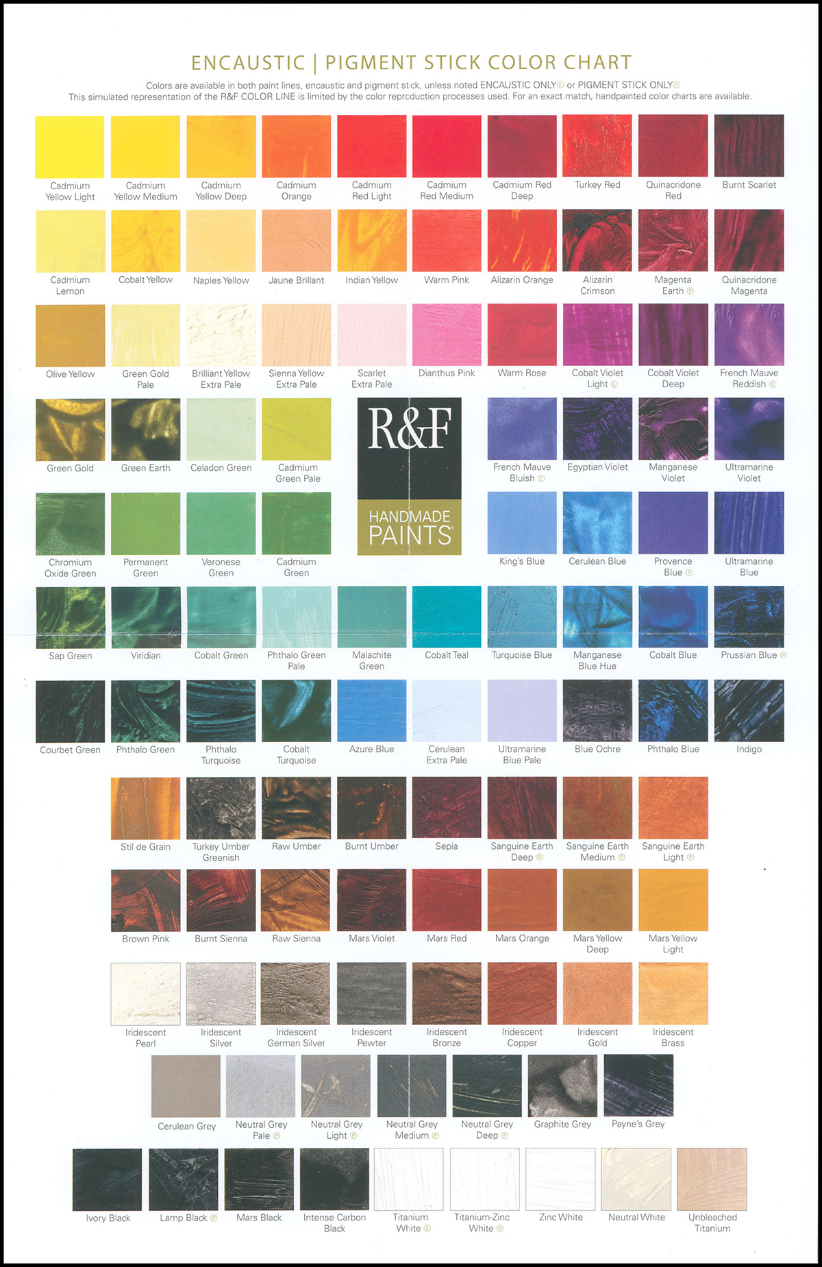 R&F Handmade Paints: Encaustic Pigment Stick Color Chart